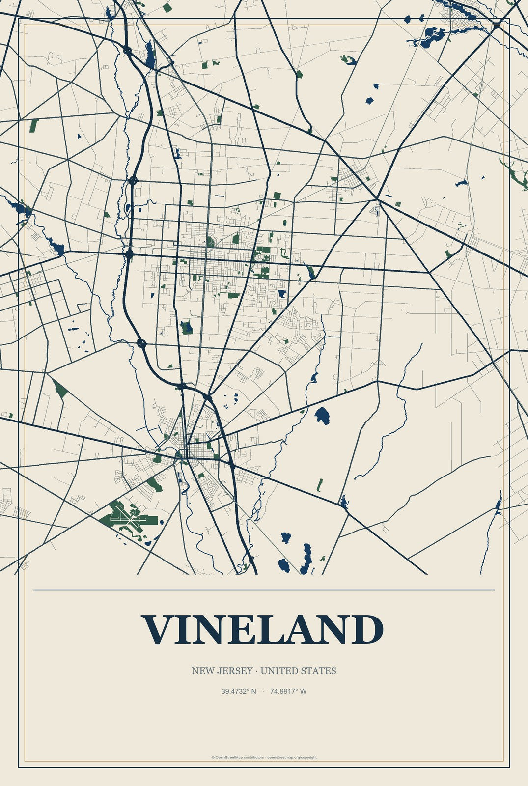 Vineland, New Jersey City Map Aluminum Sign in Coastal Cutout style