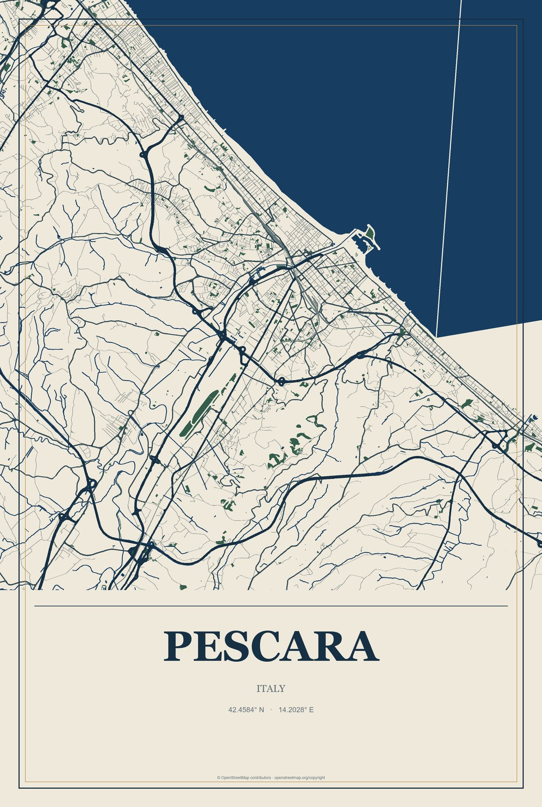 Pescara, Italy City Map Aluminum Sign in Coastal Cutout style