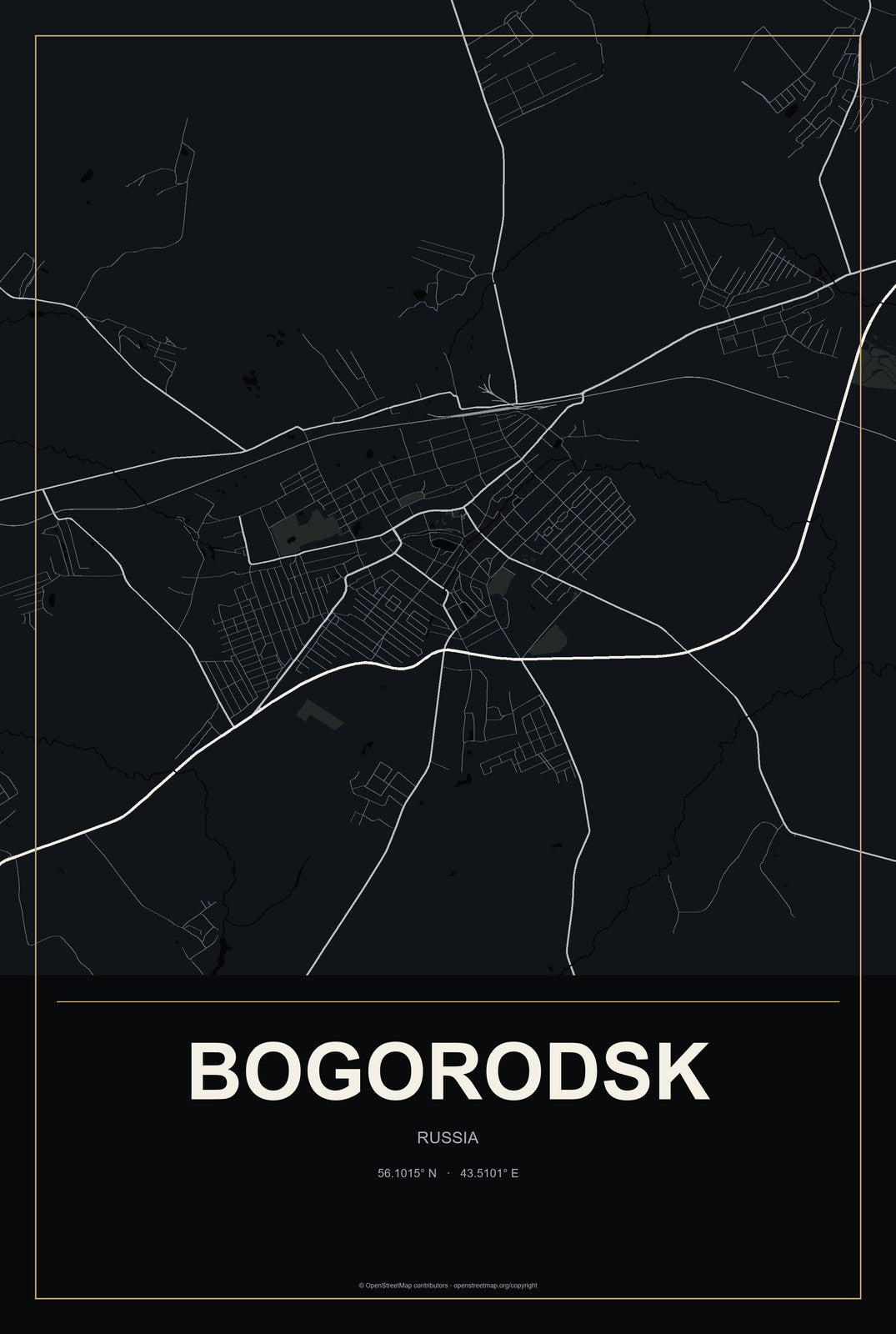 Bogorodsk, Russia City Map Aluminum Sign in Metropolitan Noir style