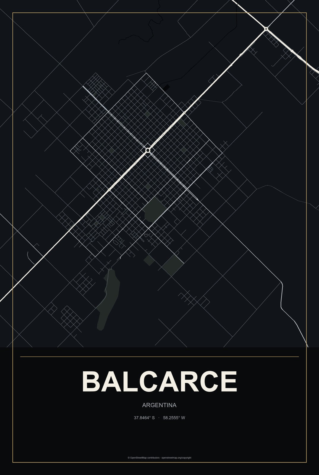 Balcarce, Argentina City Map Aluminum Sign in Metropolitan Noir style