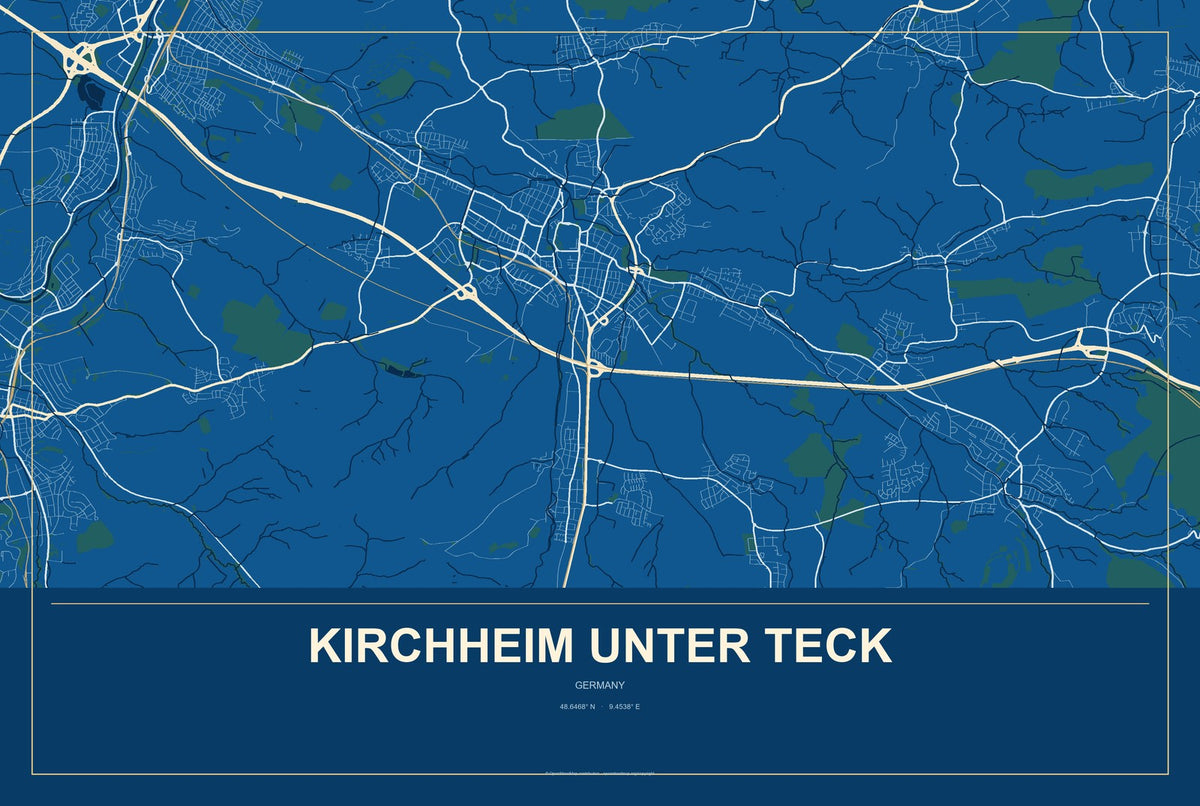 Kirchheim unter Teck, Germany City Map Aluminum Sign in Harbor Cobalt style