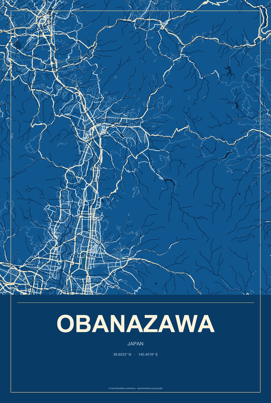 Obanazawa, Japan City Map Aluminum Sign in Harbor Cobalt style