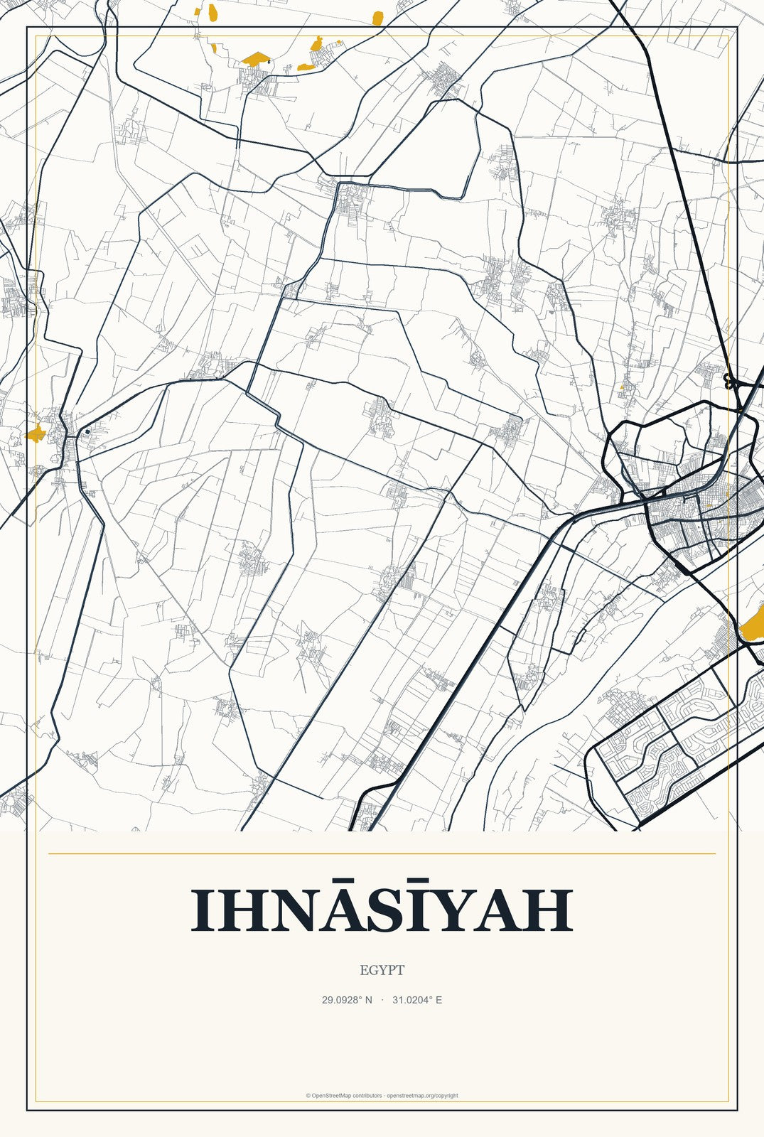Ihnāsīyah, Egypt City Map Aluminum Sign in Citrine Modern style