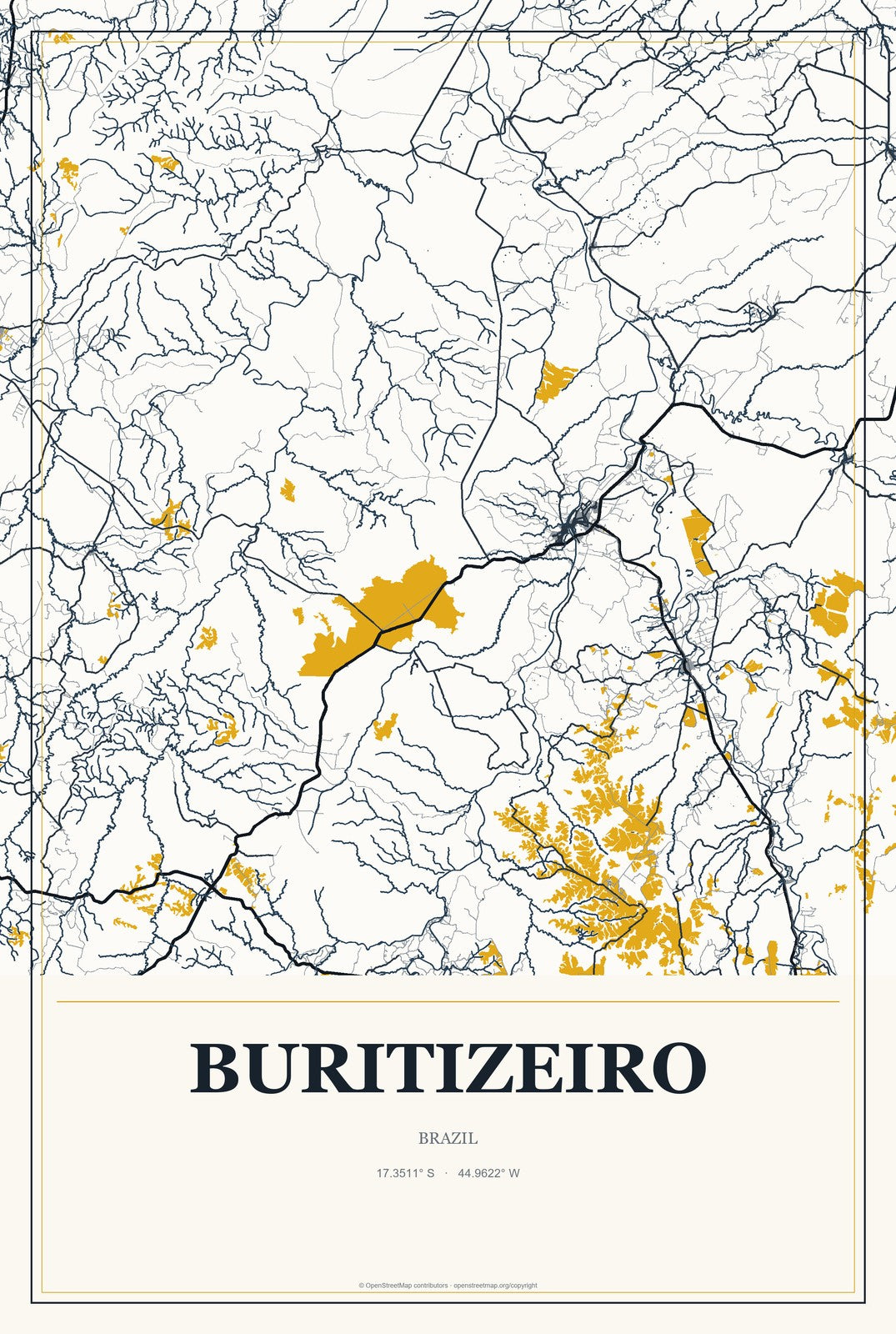 Buritizeiro, Brazil City Map Aluminum Sign in Citrine Modern style