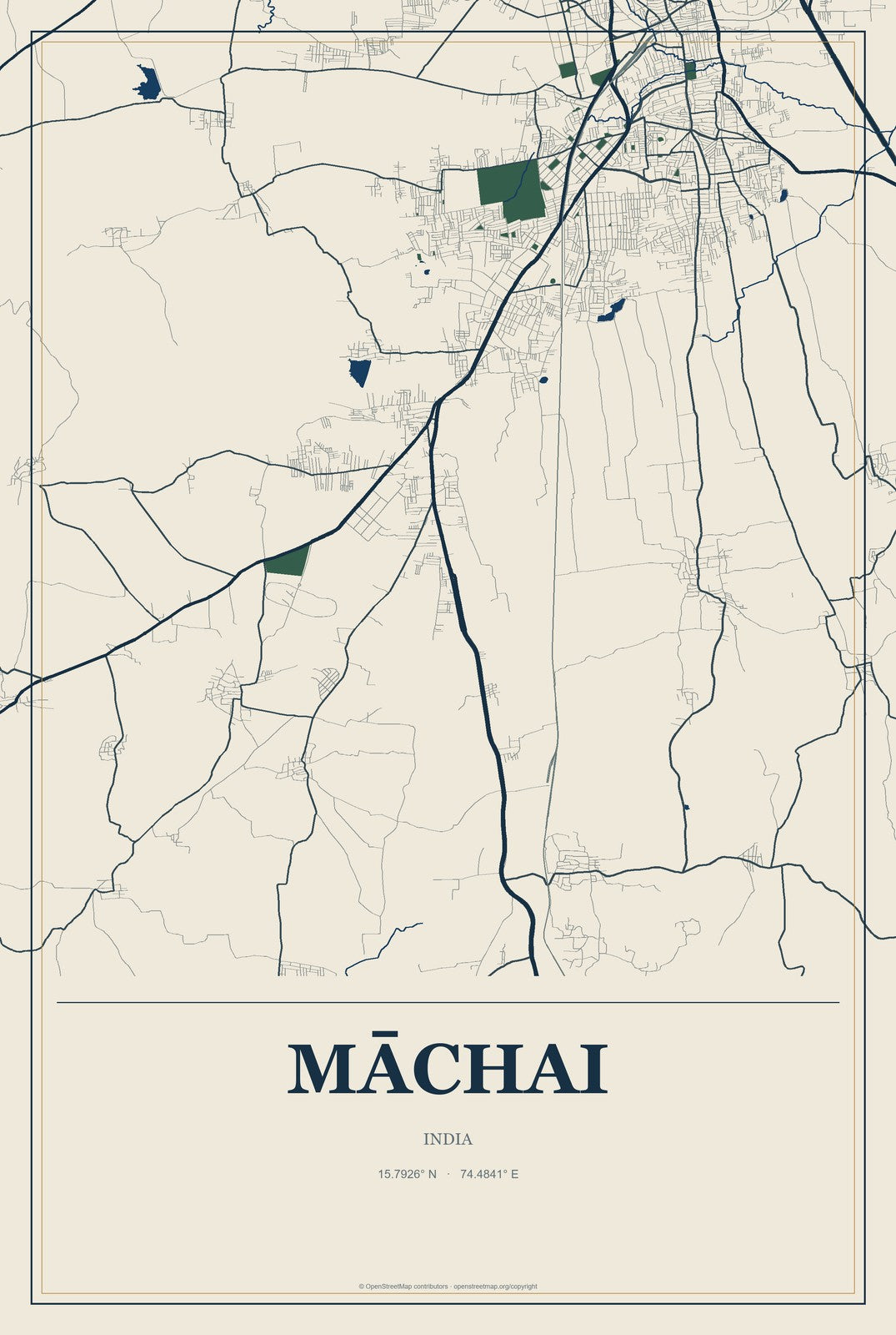 Māchai, India City Map Aluminum Sign in Coastal Cutout style