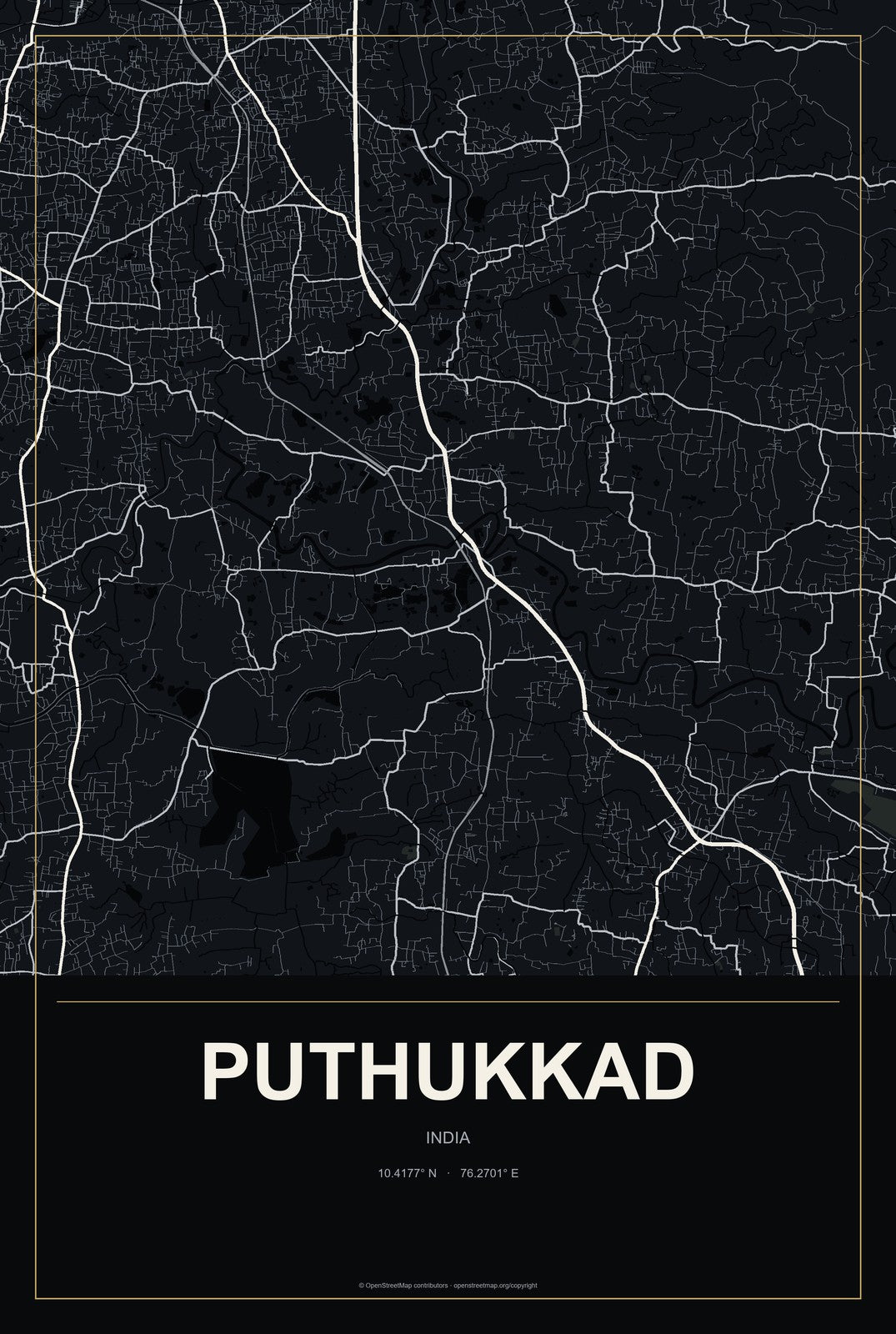 Puthukkad, India City Map Aluminum Sign in Metropolitan Noir style