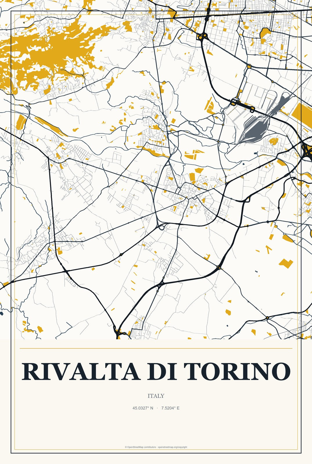 Rivalta di Torino, Italy City Map Aluminum Sign in Citrine Modern style