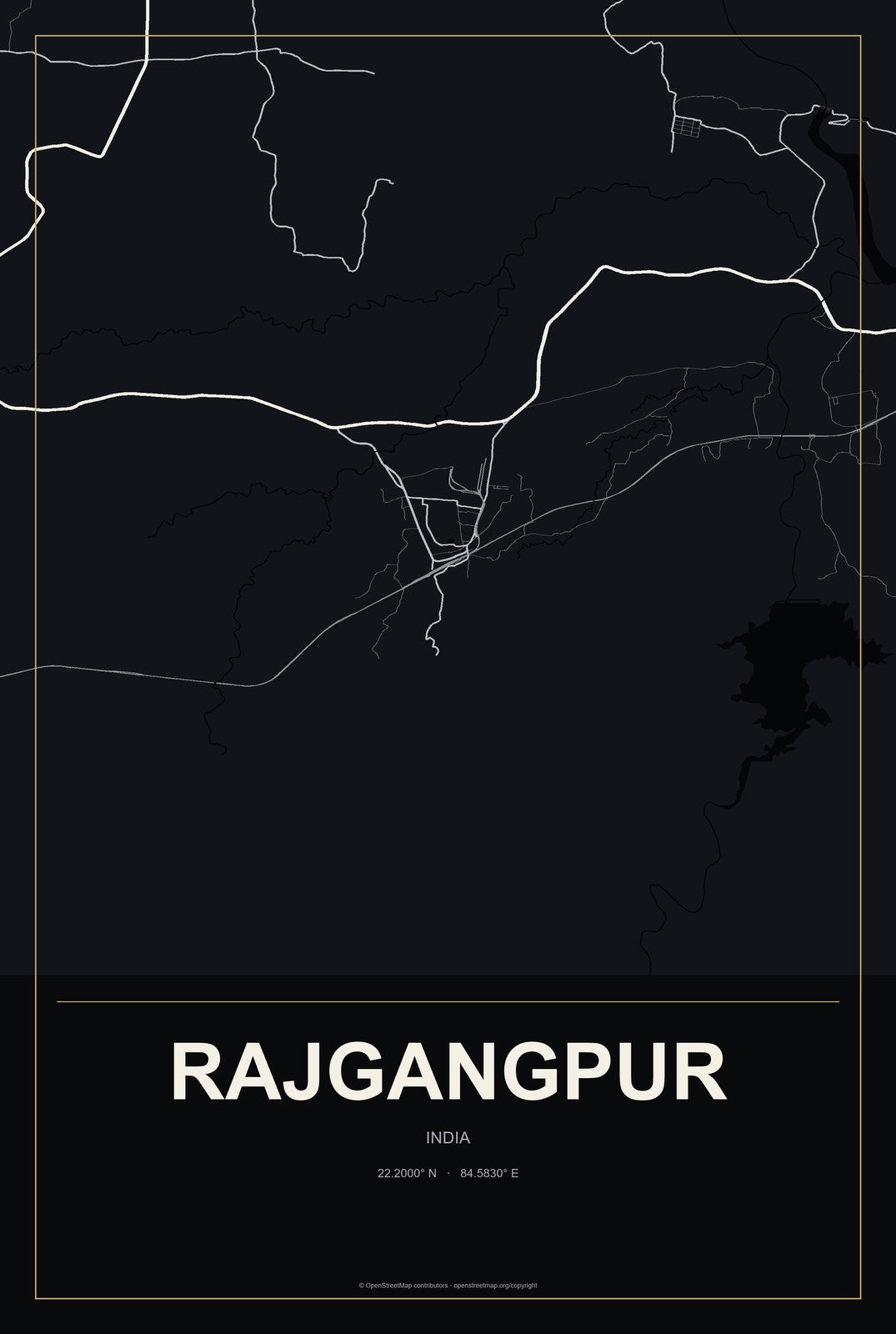Rajgangpur, India City Map Aluminum Sign in Metropolitan Noir style