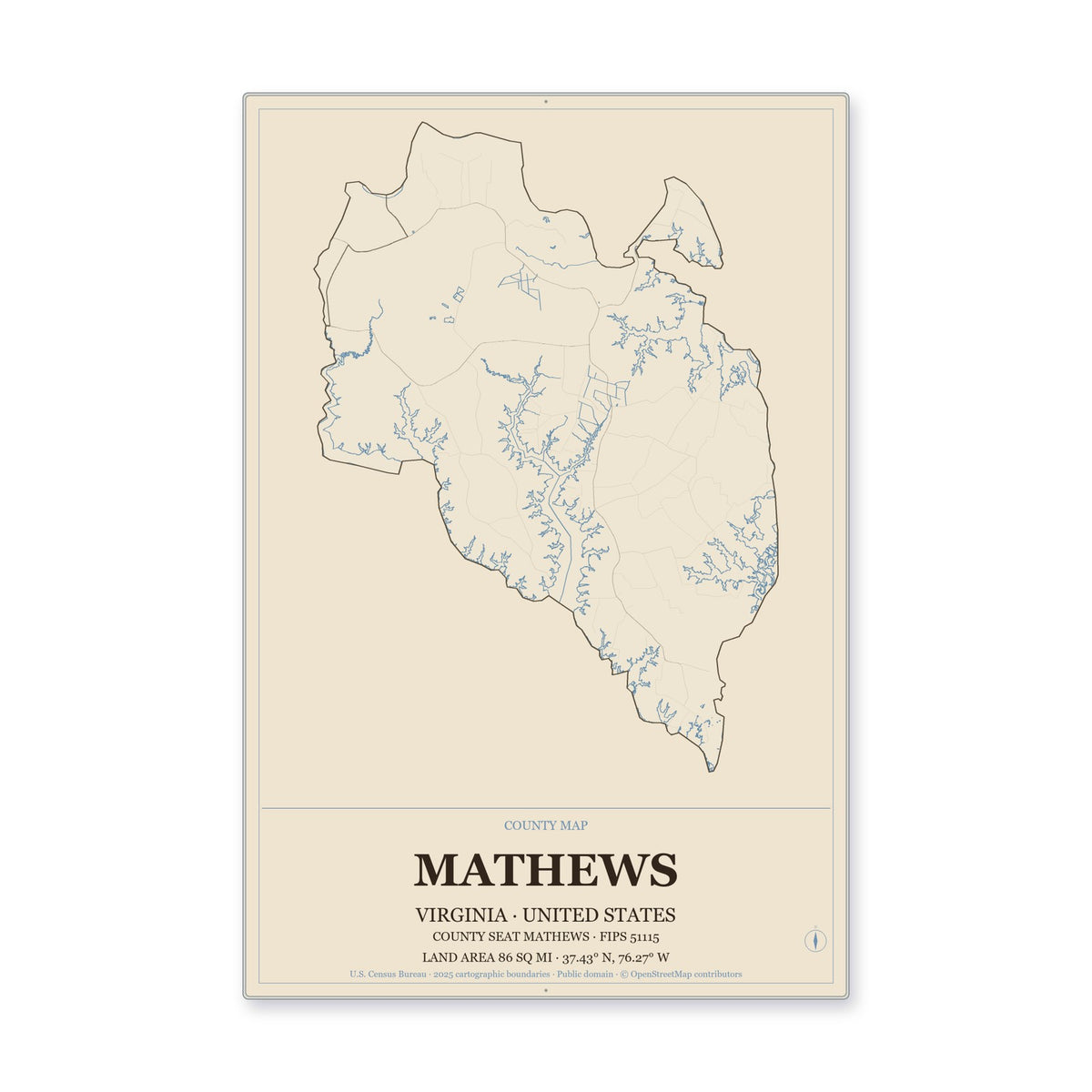 Mathews County, Virginia Map Aluminum Sign in Heritage Nautical style