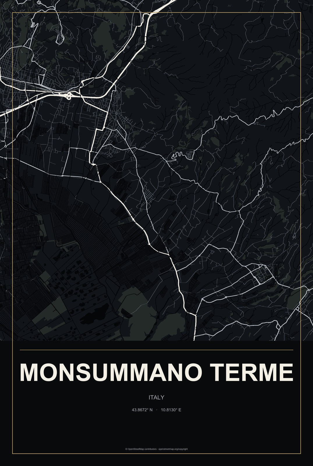 Monsummano Terme, Italy City Map Aluminum Sign in Metropolitan Noir style