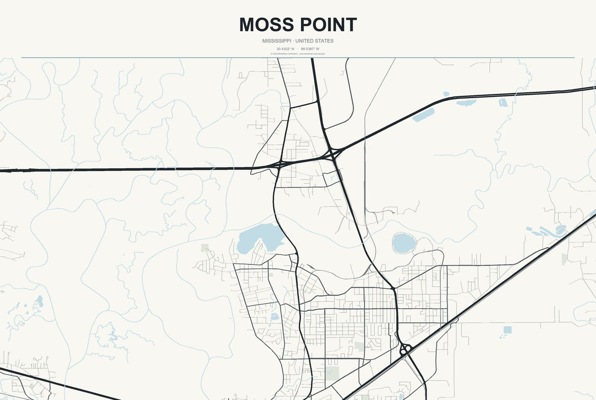 Moss Point, Mississippi City Map Aluminum Sign in Headline Atlas style