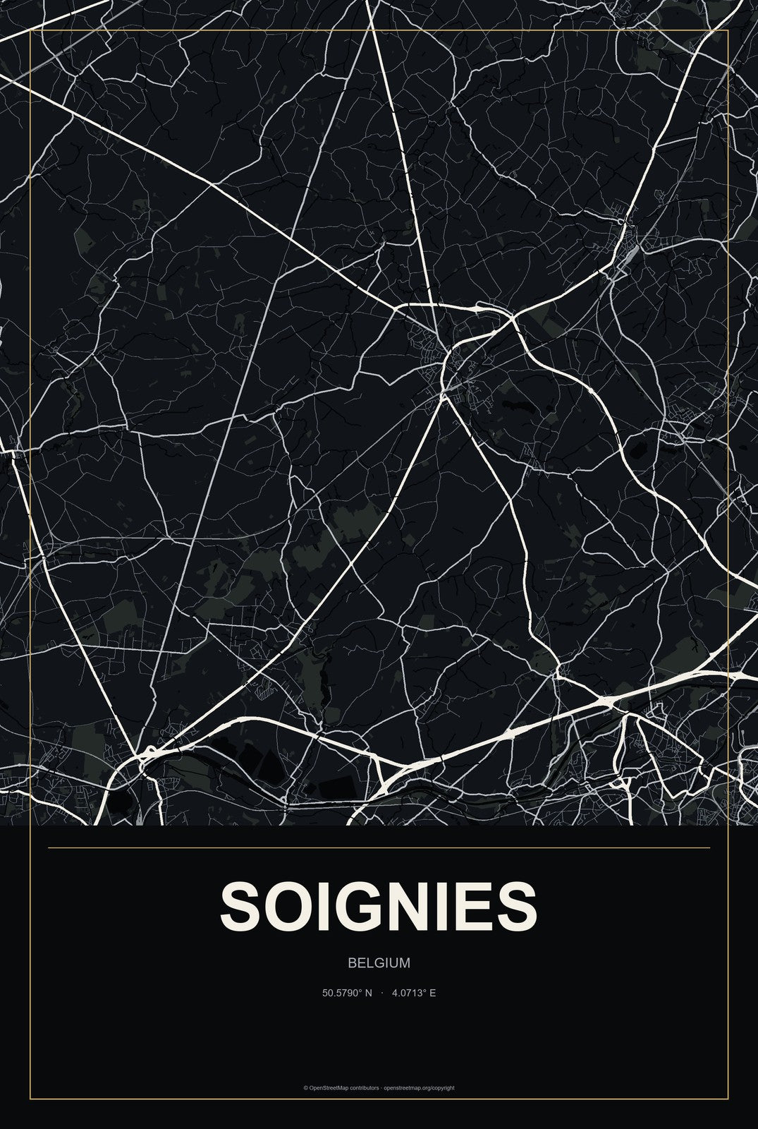Soignies, Belgium City Map Aluminum Sign in Metropolitan Noir style