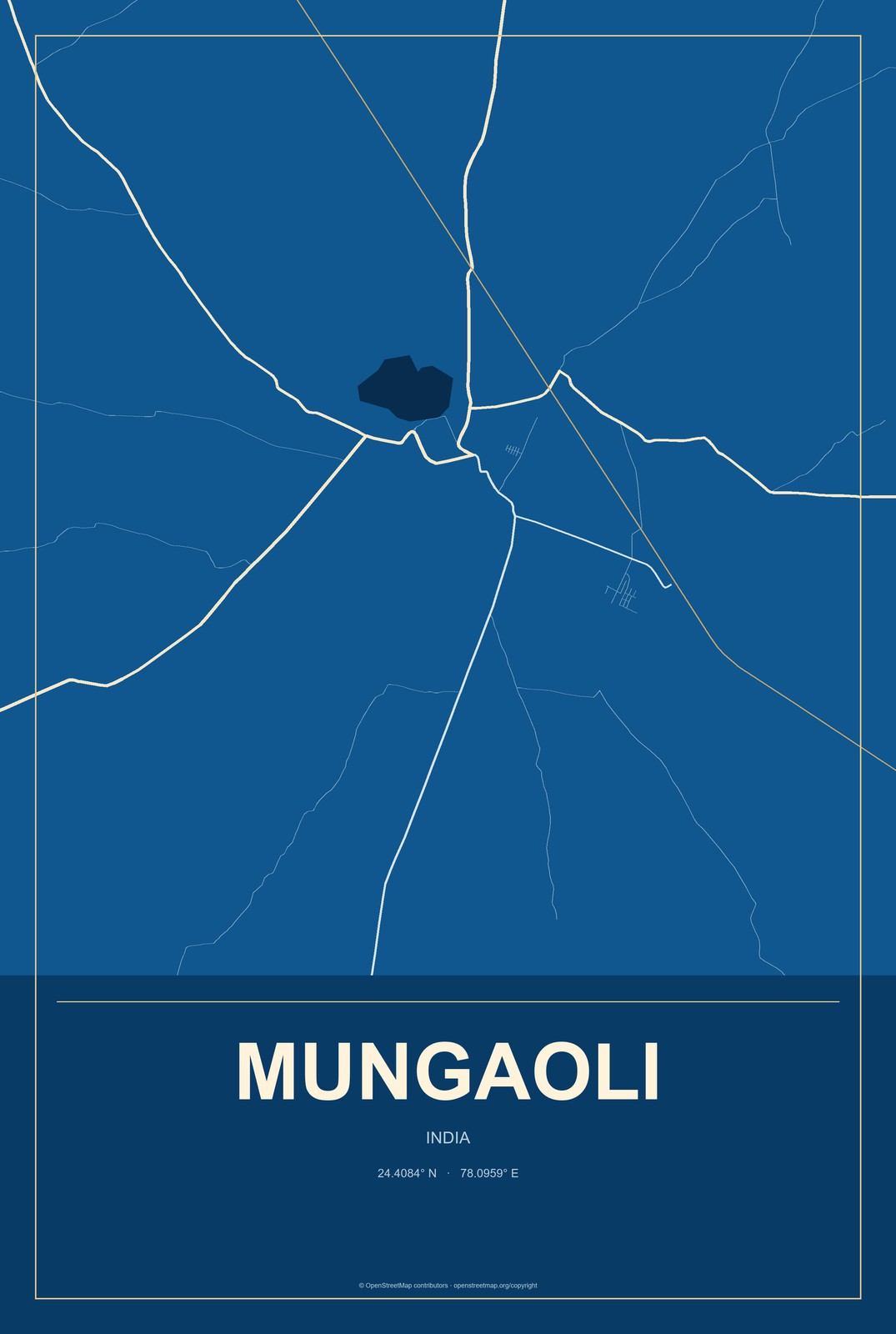 Mungaoli, India City Map Aluminum Sign in Harbor Cobalt style