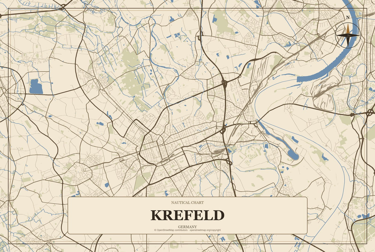 Krefeld, Germany City Map Aluminum Sign in Heritage Nautical style