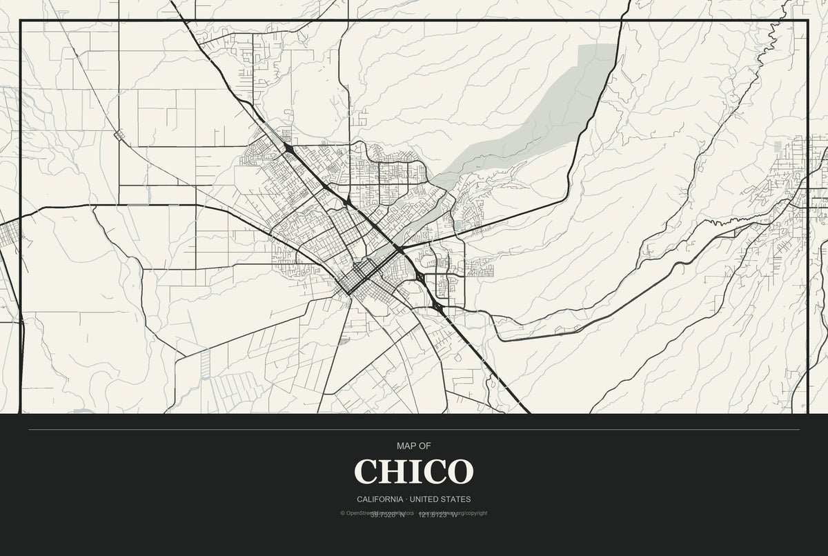 Chico, California City Map Aluminum Sign in Museum Plaque style