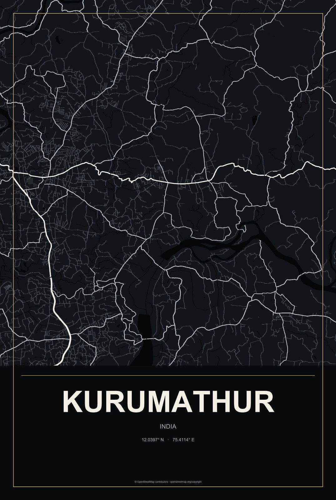 Kurumathur, India City Map Aluminum Sign in Metropolitan Noir style