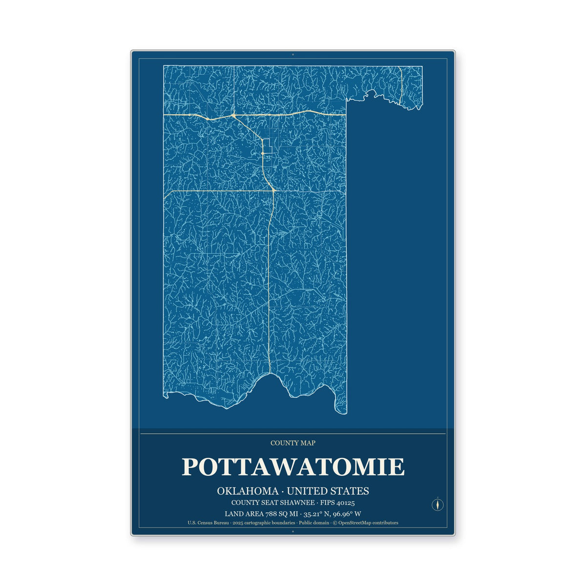 Pottawatomie County, Oklahoma Map Aluminum Sign in Harbor Cobalt style