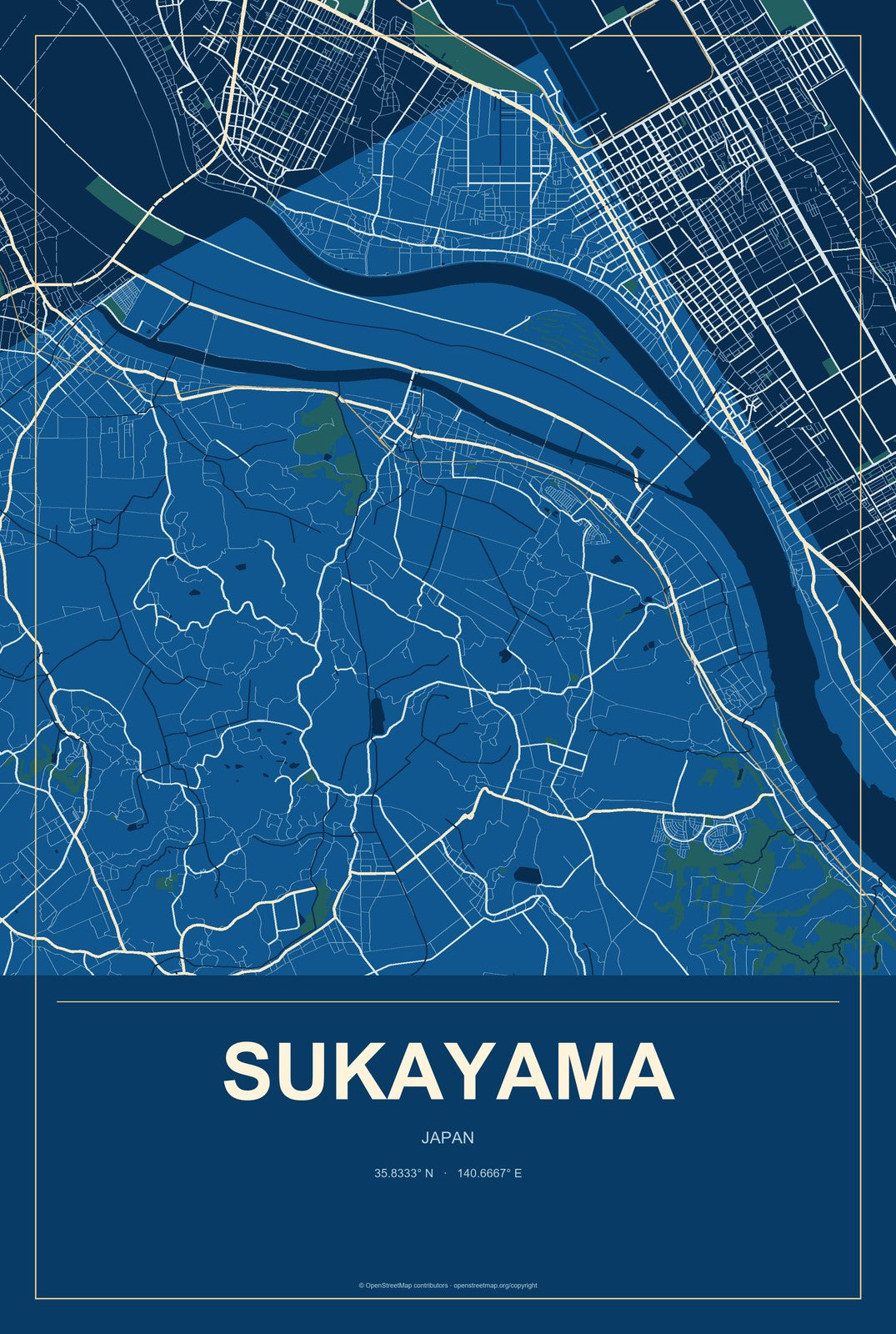 Sukayama, Japan City Map Aluminum Sign in Harbor Cobalt style