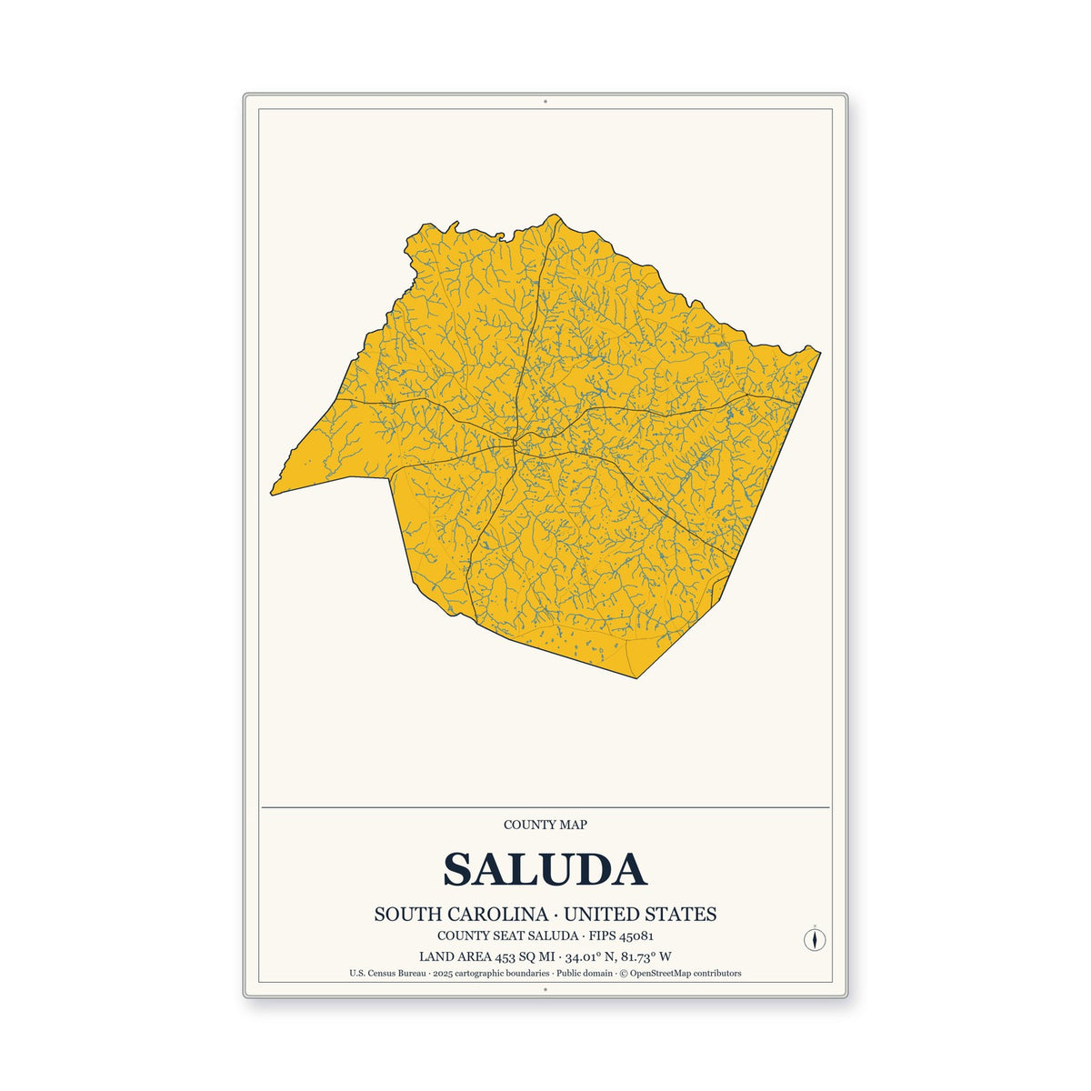 Saluda County, South Carolina Map Aluminum Sign in Citrine Modern style