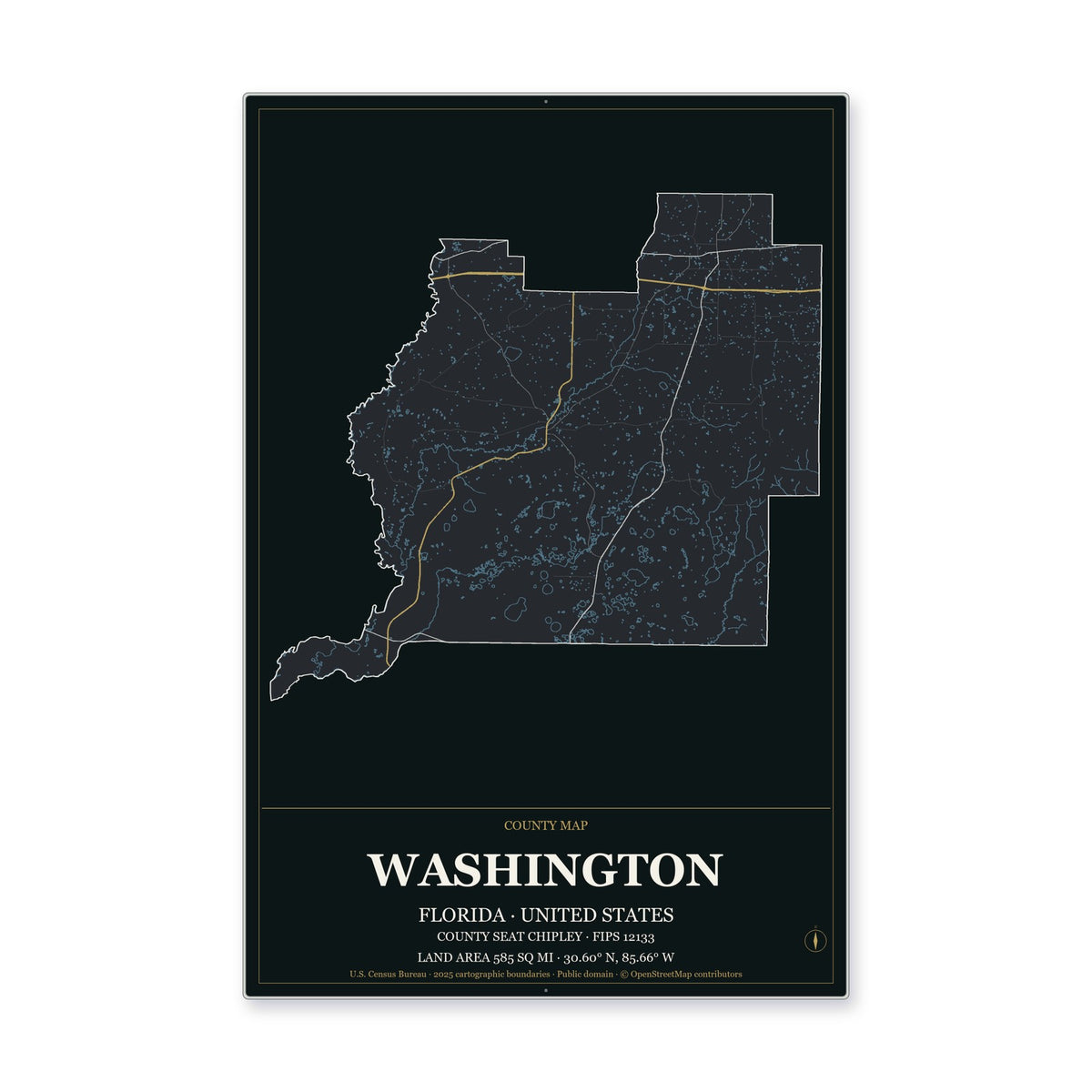 Washington County, Florida Map Aluminum Sign in Metropolitan Noir style