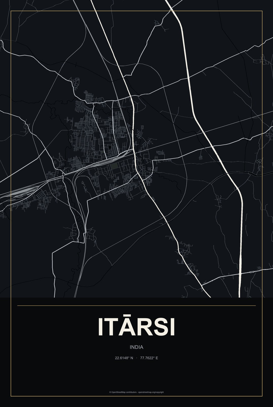 Itārsi, India City Map Aluminum Sign in Metropolitan Noir style
