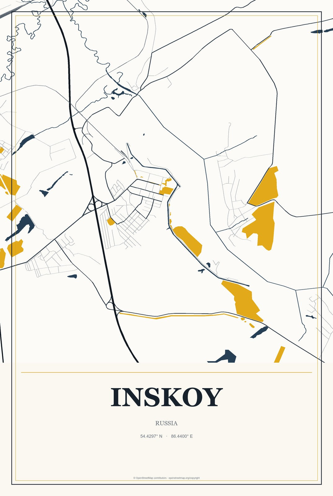 Inskoy, Russia City Map Aluminum Sign in Citrine Modern style