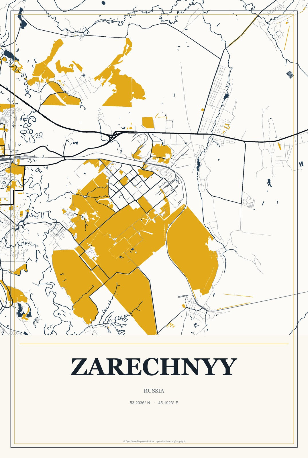 Zarechnyy, Sverdlovsk Oblast, Russia City Map Aluminum Sign in Citrine Modern style