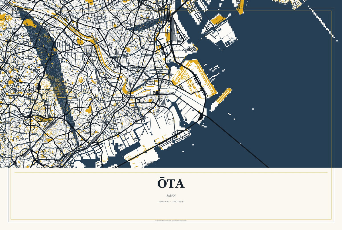 Ōta, Gunma, Japan City Map Aluminum Sign in Citrine Modern style