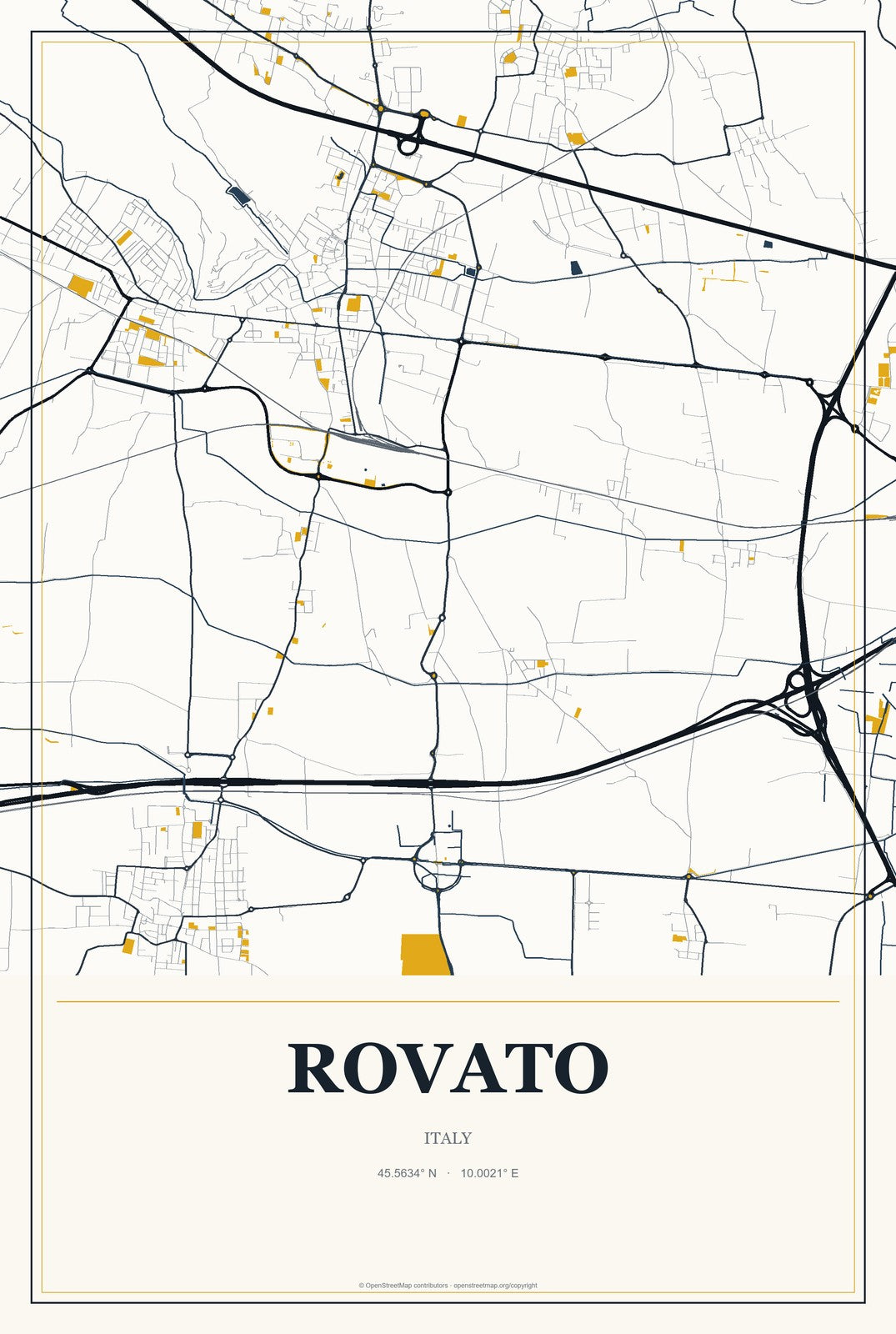 Rovato, Italy City Map Aluminum Sign in Citrine Modern style