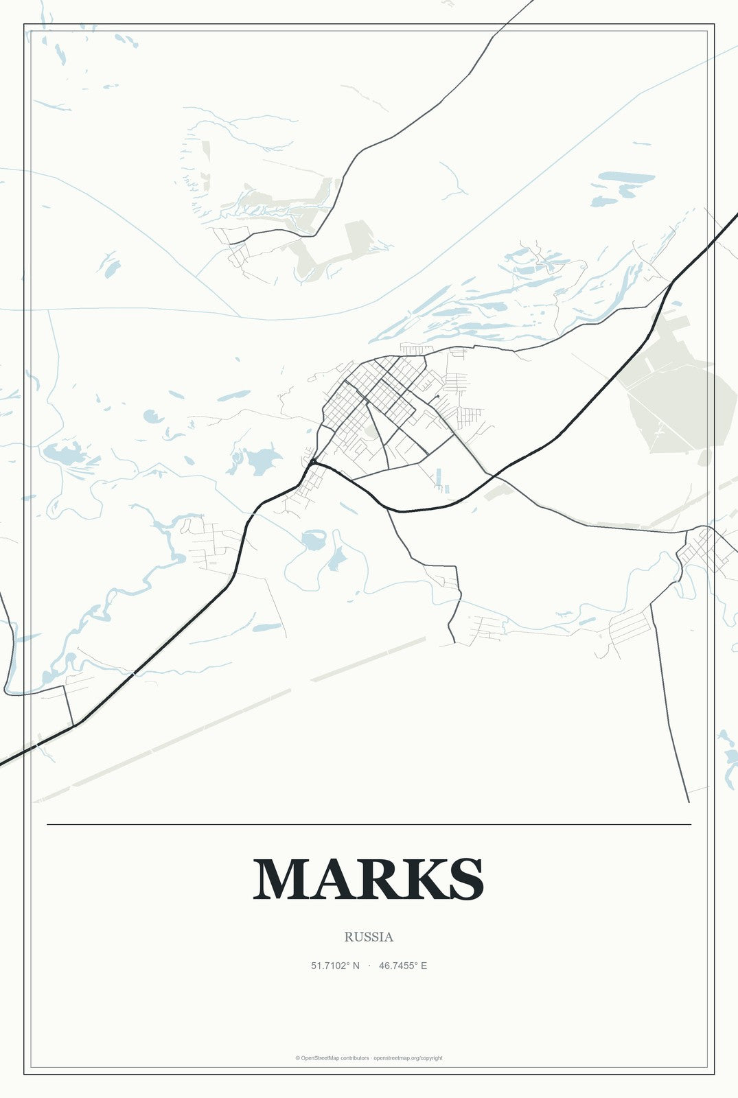 Marks, Russia City Map Aluminum Sign in Gallery Air style