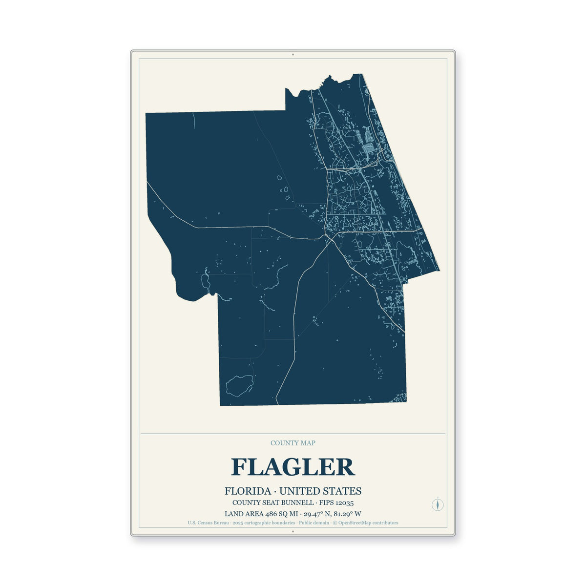 Flagler County, Florida Map Aluminum Sign in Coastal Cutout style