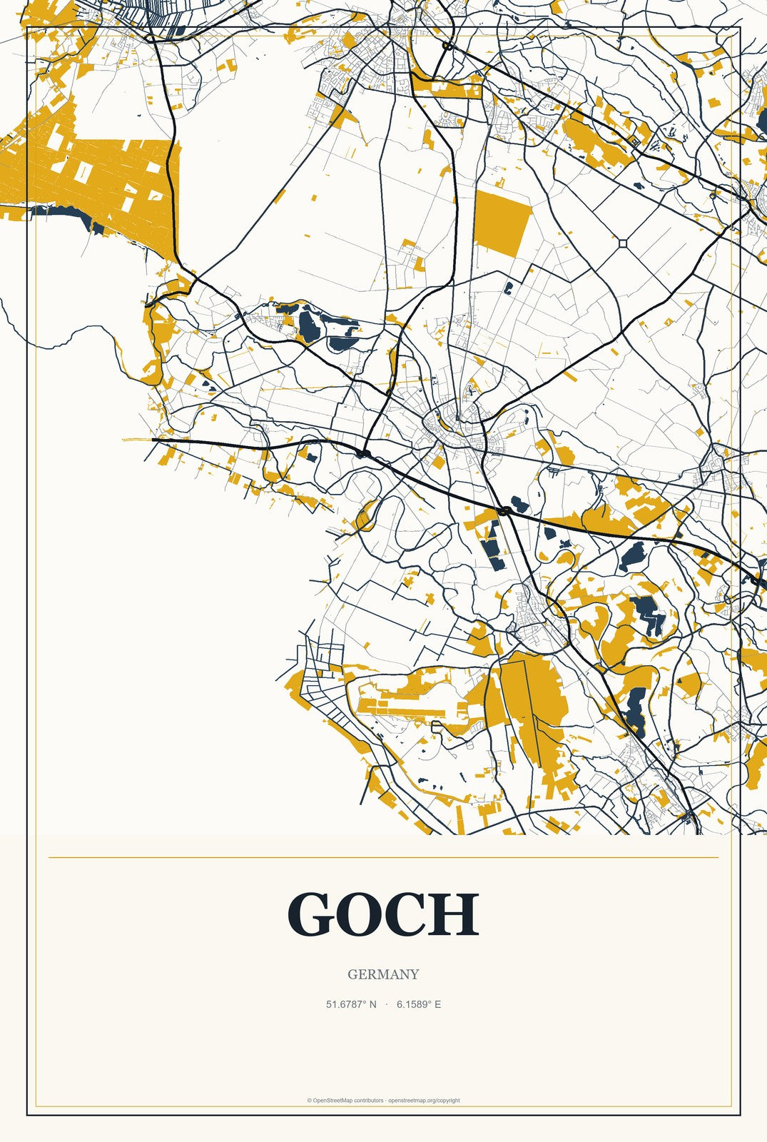 Goch, Germany City Map Aluminum Sign in Citrine Modern style