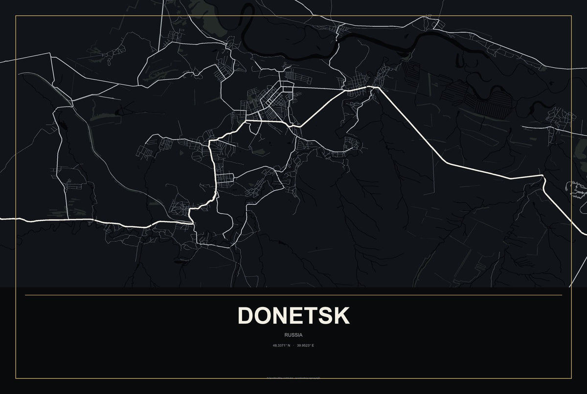 Donetsk, Russia City Map Aluminum Sign in Metropolitan Noir style