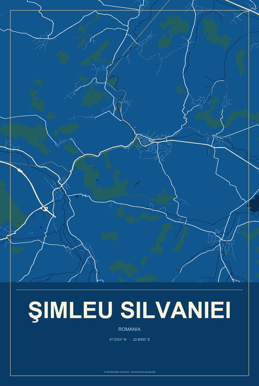 Şimleu Silvaniei, Romania City Map Aluminum Sign in Harbor Cobalt style