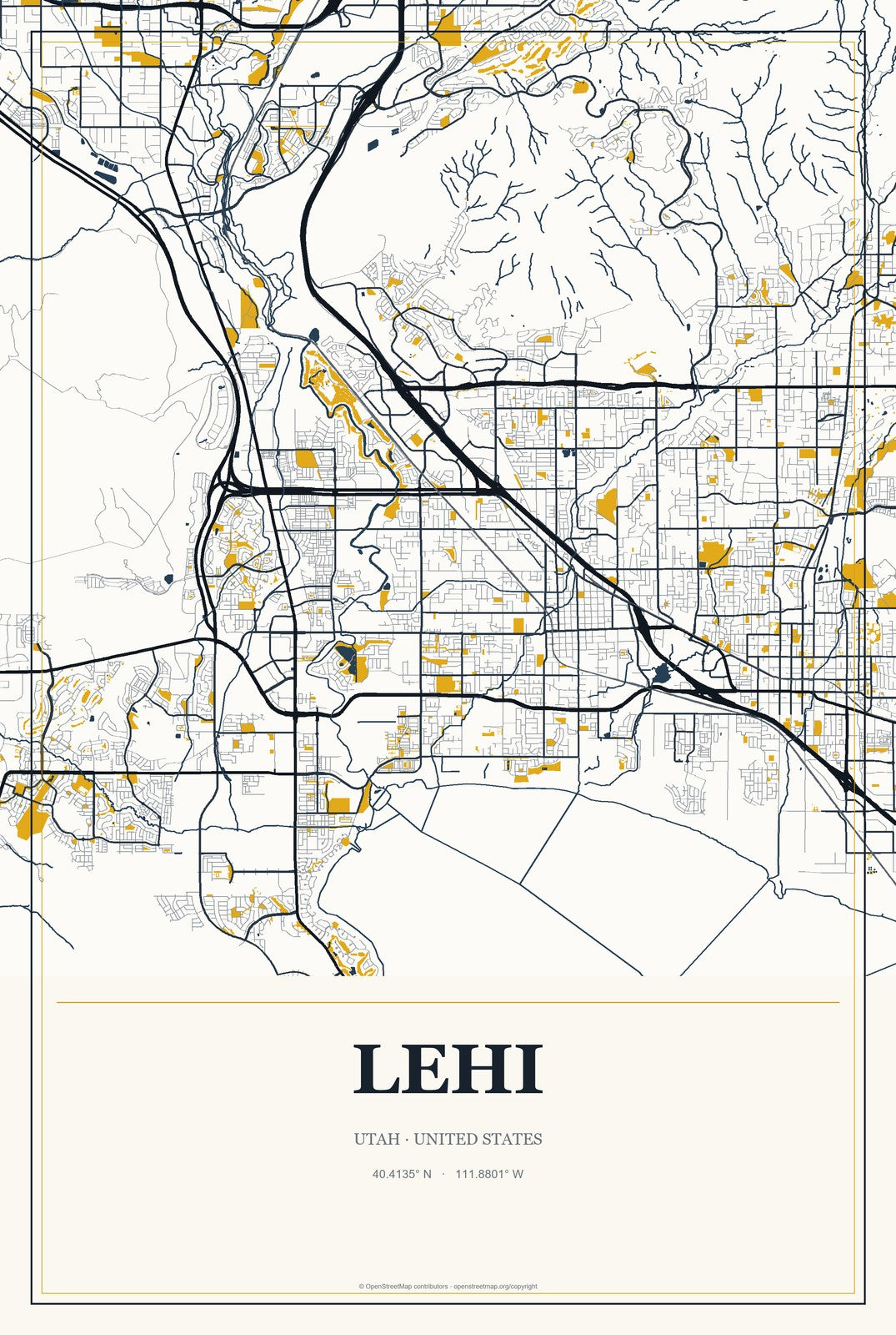 Lehi, Utah City Map Aluminum Sign in Citrine Modern style