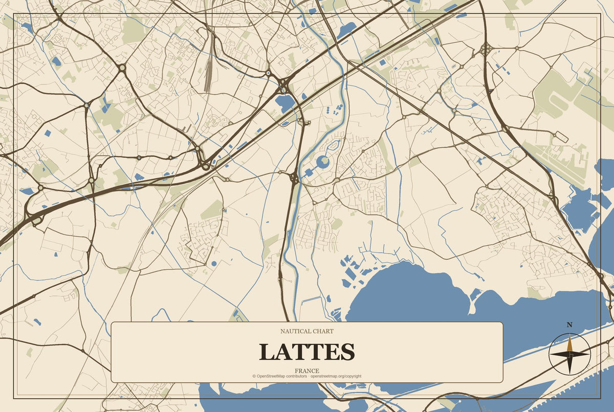 Lattes, France City Map Aluminum Sign in Heritage Nautical style