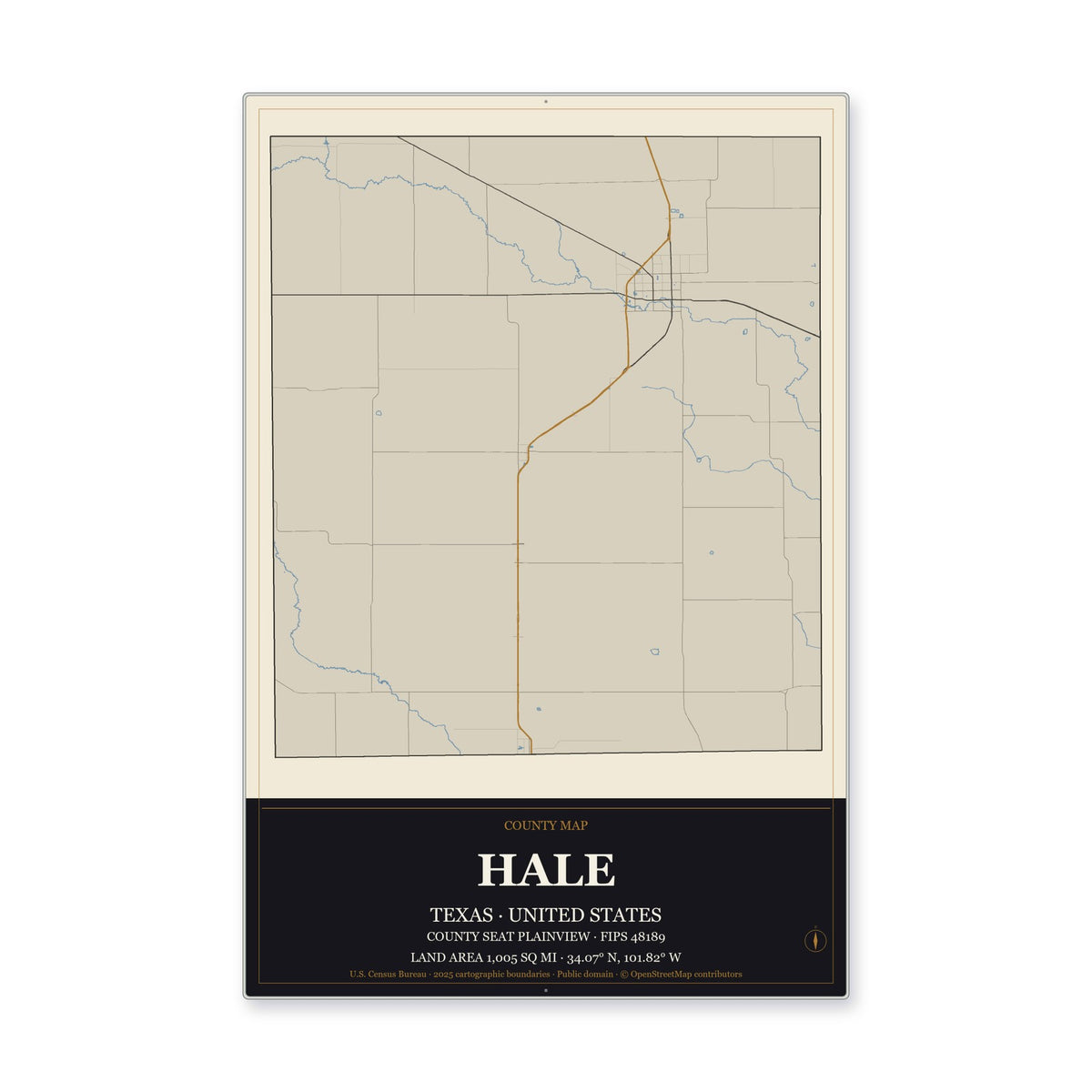Hale County, Texas Map Aluminum Sign in Museum Plaque style