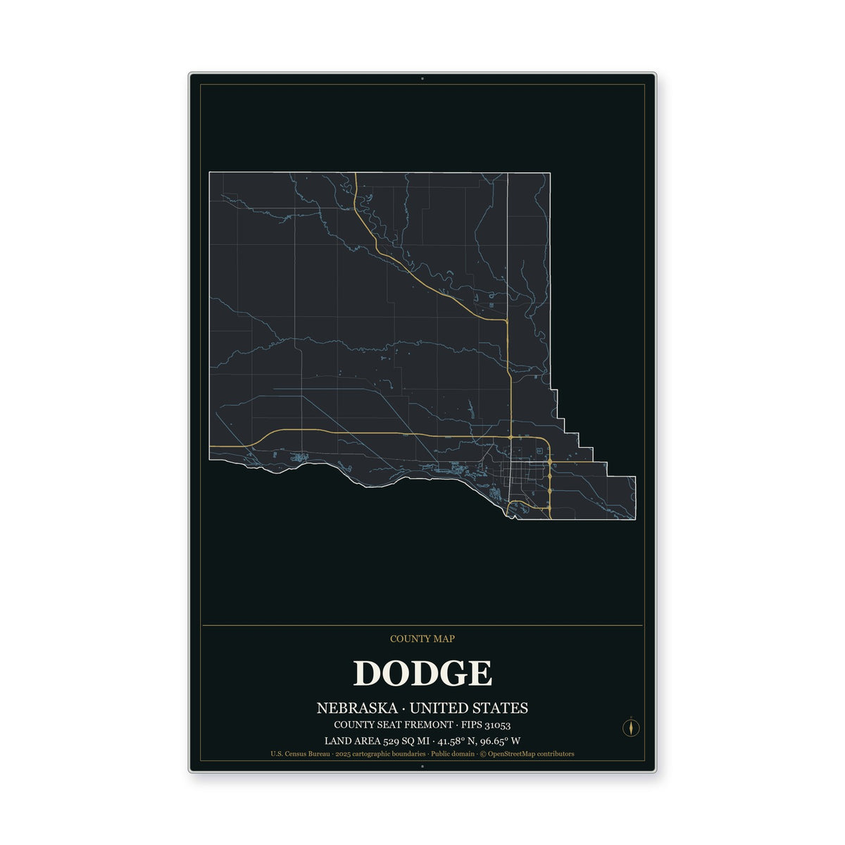 Dodge County, Nebraska Map Aluminum Sign in Metropolitan Noir style