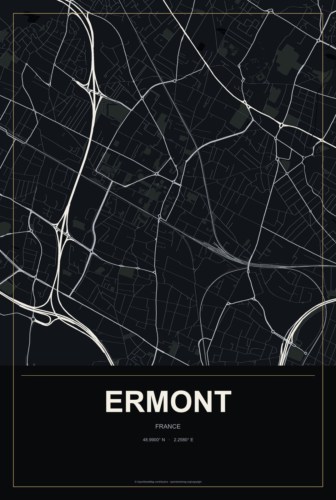 Ermont, France City Map Aluminum Sign in Metropolitan Noir style