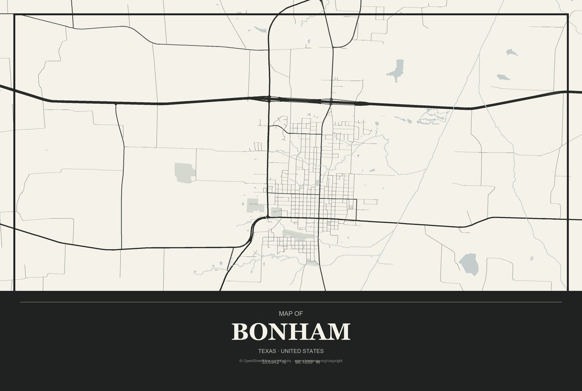 Bonham, Texas City Map Aluminum Sign in Museum Plaque style