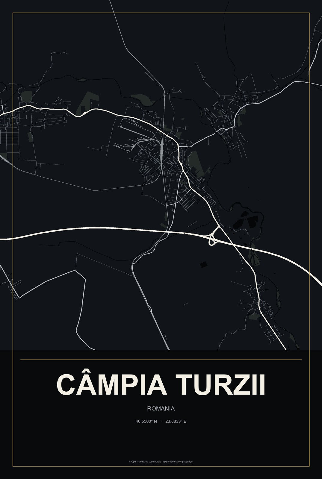 Câmpia Turzii, Romania City Map Aluminum Sign in Metropolitan Noir style