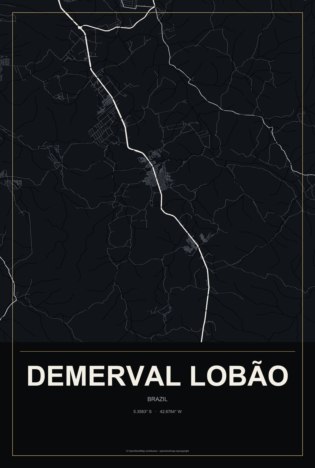 Demerval Lobão, Brazil City Map Aluminum Sign in Metropolitan Noir style