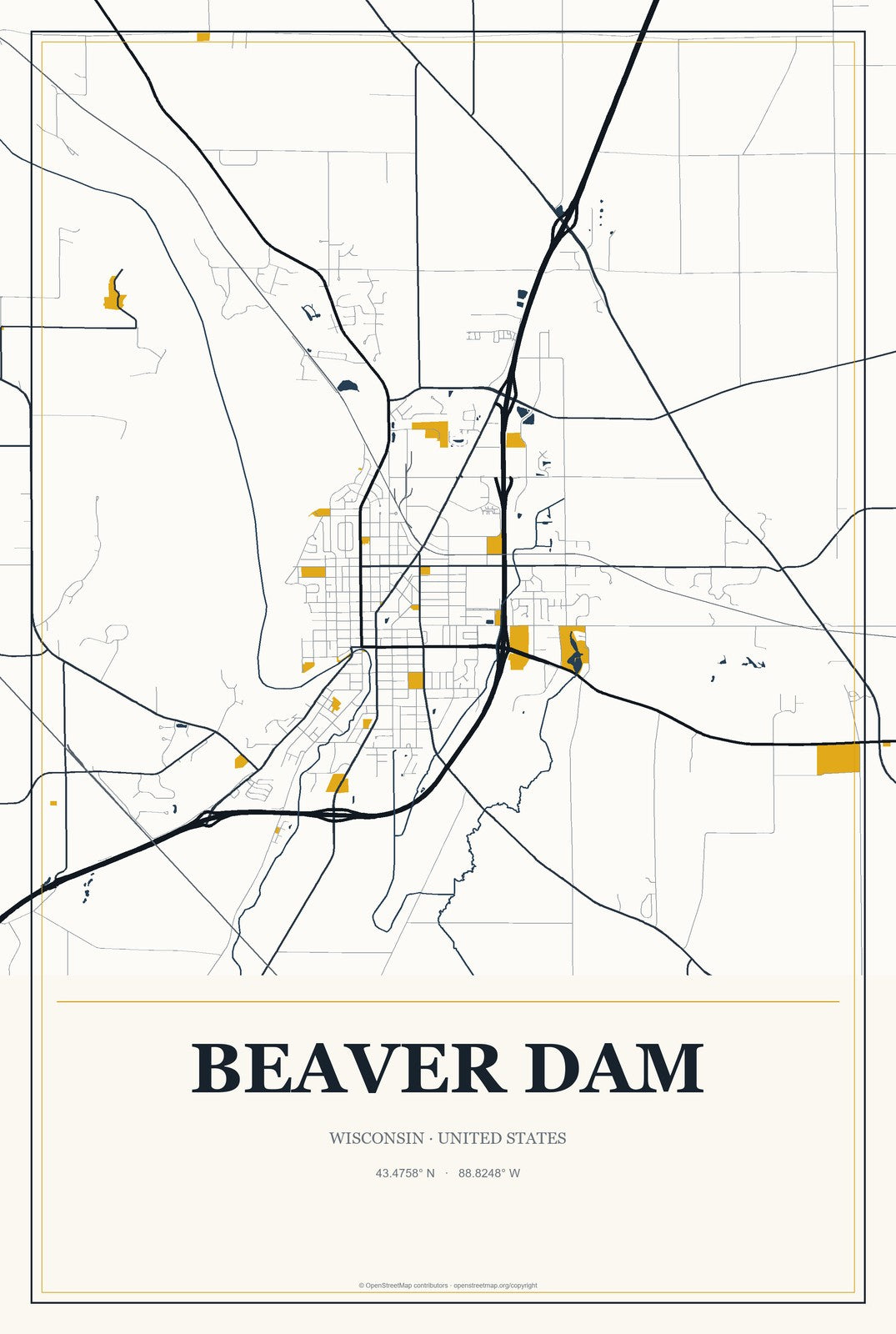 Beaver Dam, Wisconsin City Map Aluminum Sign in Citrine Modern style