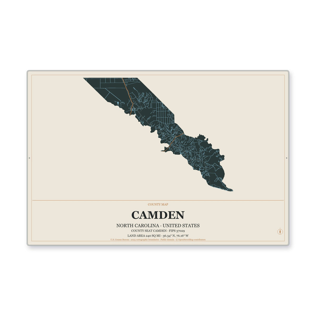 Camden County, North Carolina Map Aluminum Sign in Headline Atlas style