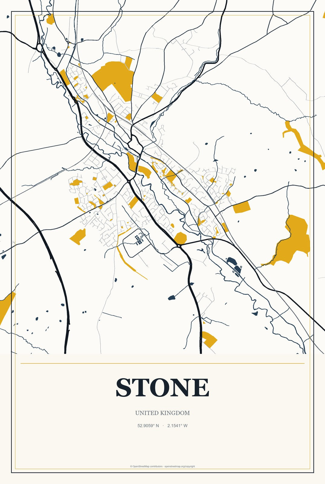 Stone, United Kingdom City Map Aluminum Sign in Citrine Modern style