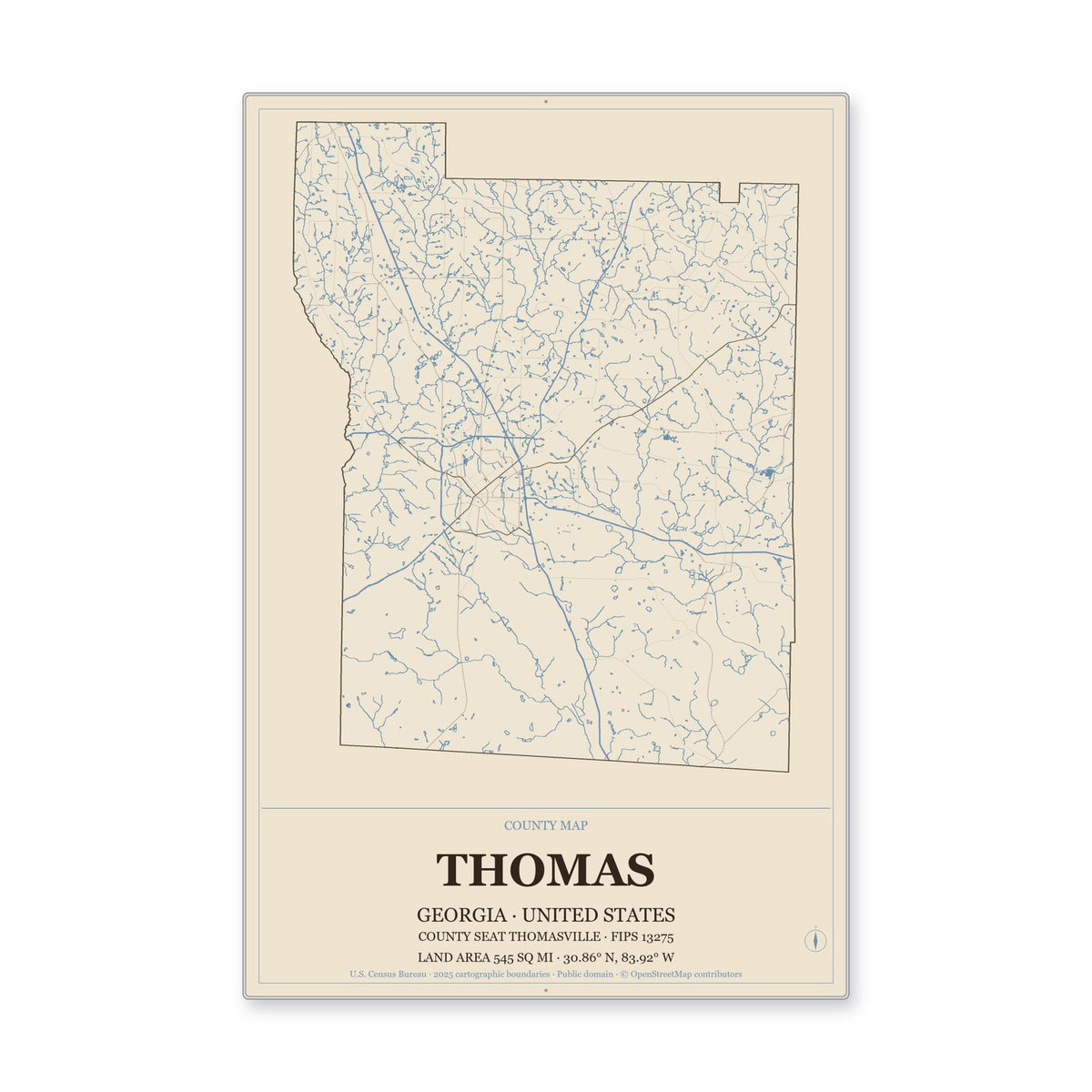 Thomas County, Georgia Map Aluminum Sign in Heritage Nautical style