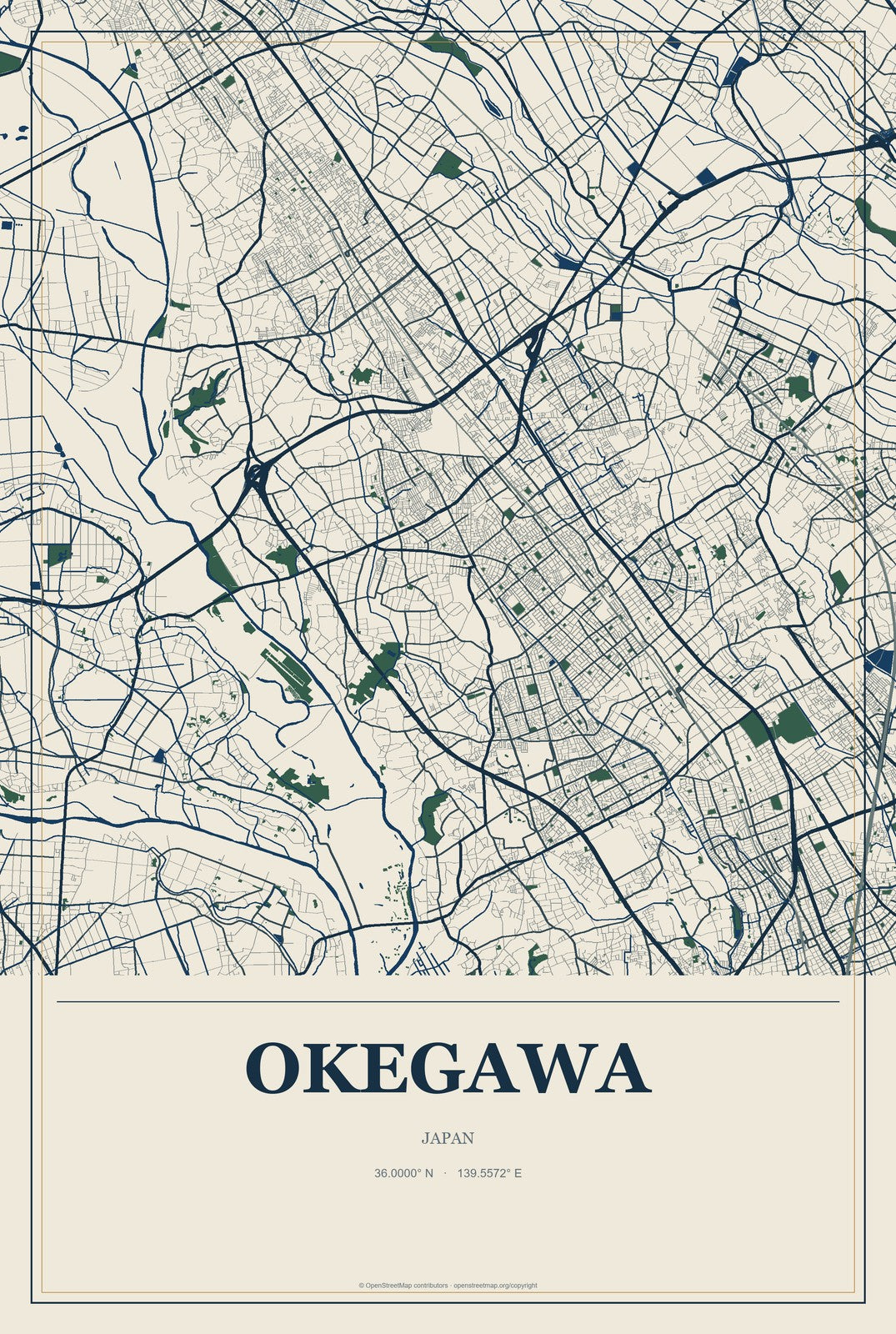 Okegawa, Japan City Map Aluminum Sign in Coastal Cutout style