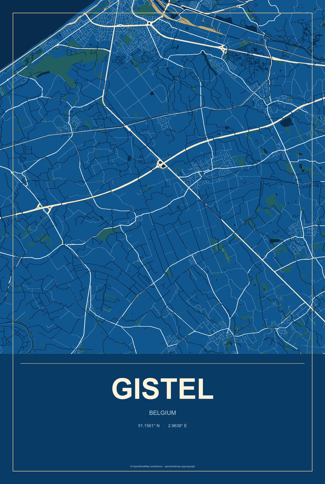 Gistel, Belgium City Map Aluminum Sign in Harbor Cobalt style