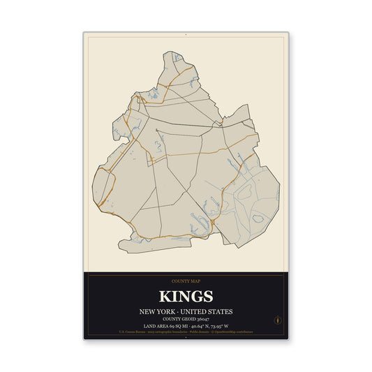 Kings County, New York Map Aluminum Sign in Museum Plaque style
