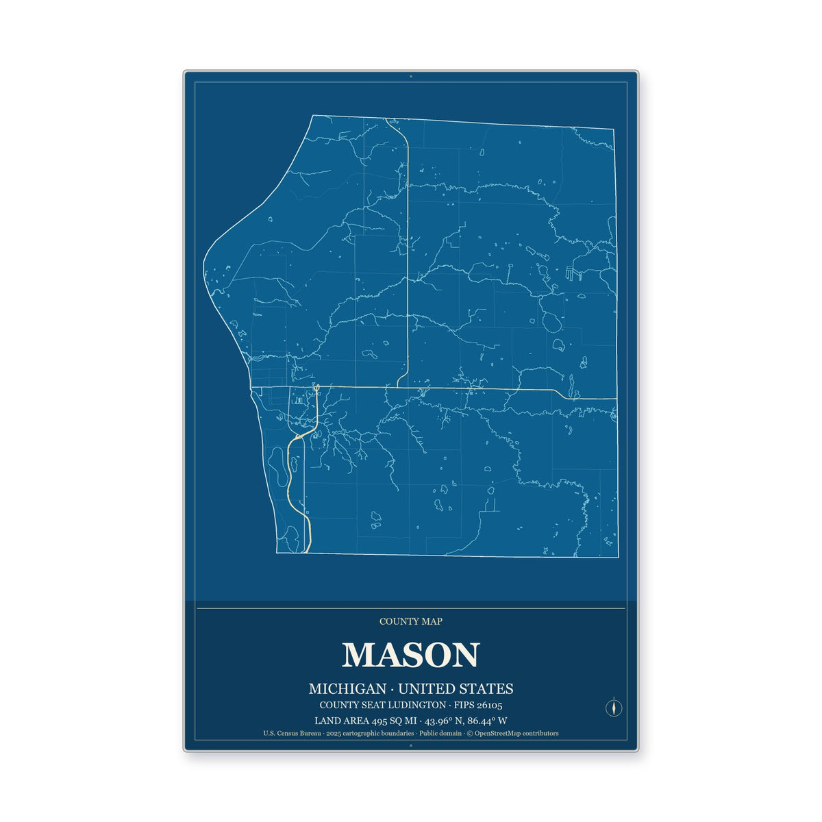 Mason County, Michigan Map Aluminum Sign in Harbor Cobalt style